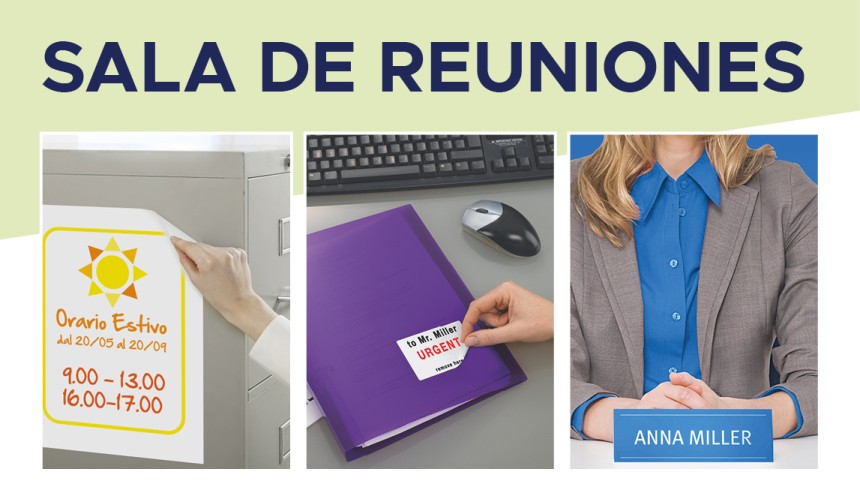Cartel adhesivo, carpeta con etiqueta y portanombres de mesa.Arriba el texto "sala de reuniones"