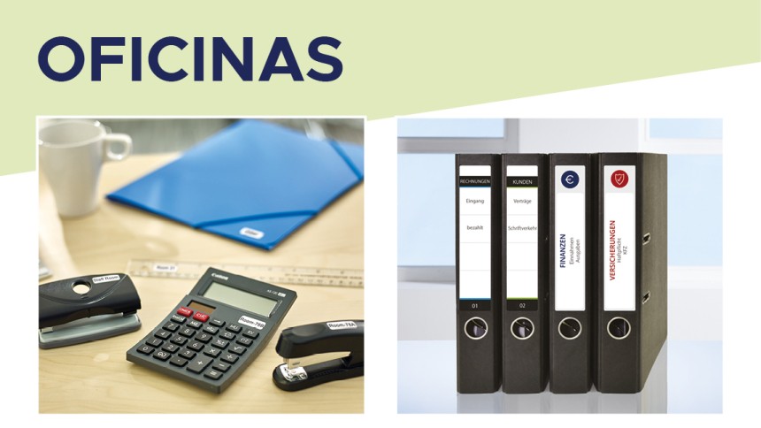 Carpetas con etiquetas adhesivas impresas y herramientas de trabajo etiquetadas.Arriba el texto "oficina"