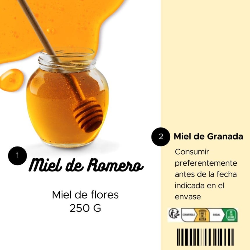 Etiqueta reglamentaria para la miel. Imagen de un tarro de miel y texto con la información obligatoria para la miel