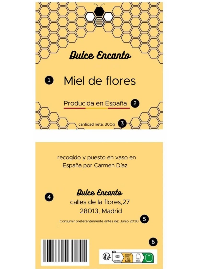 Etiquetas con la información obligatoria que debe figurar en las etiquetas de la miel