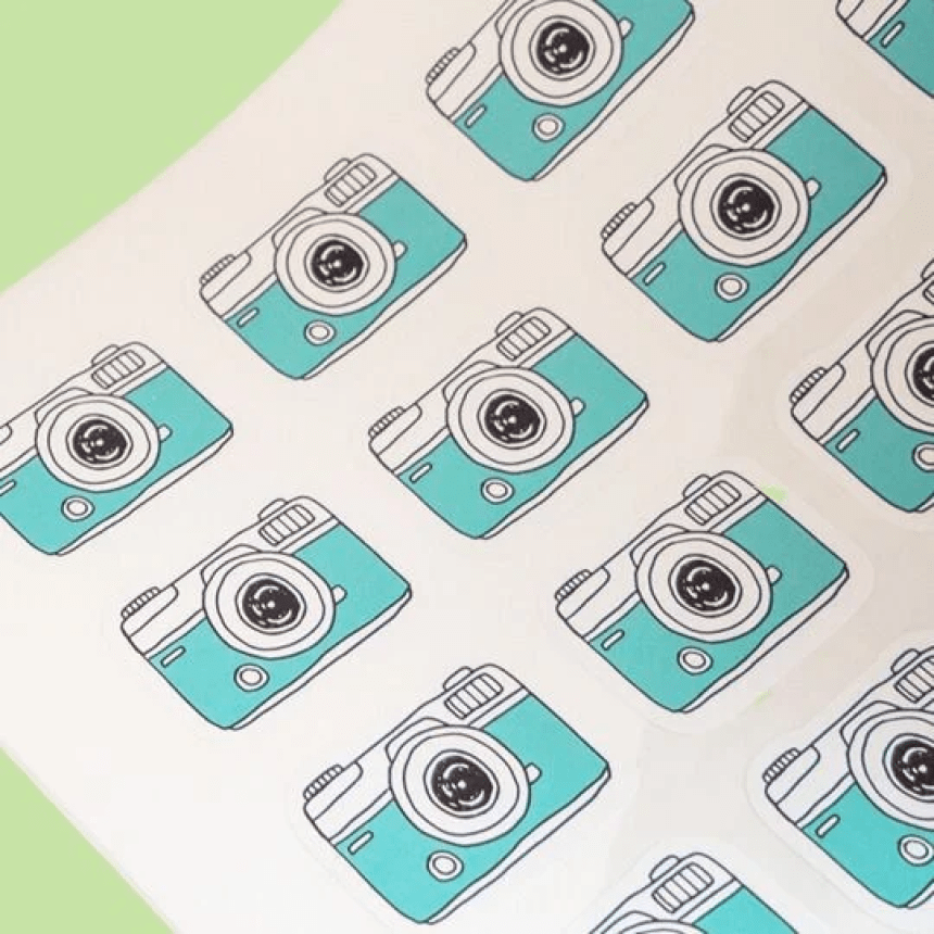 Hoja de pegatinas personalizada con forma de cámara fotográfica