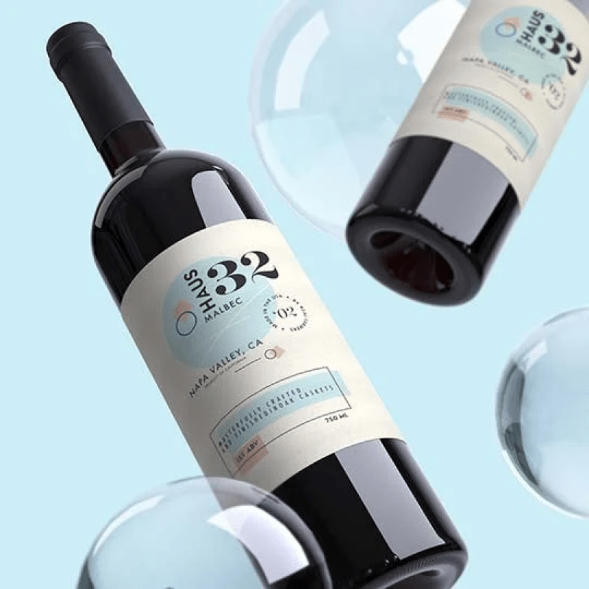 Dos botellas de vino con etiquetas personalizadas y copas de vino