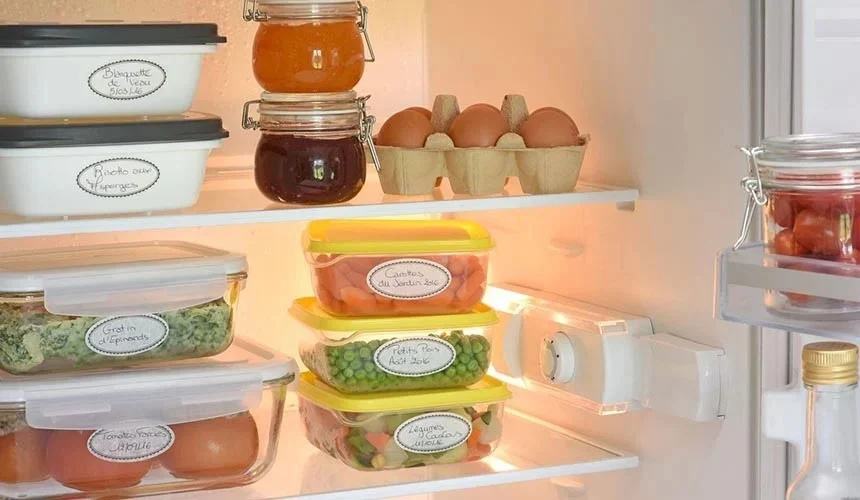 Frigorífico con alimentos etiquetados con etiquetas resistentes al frío