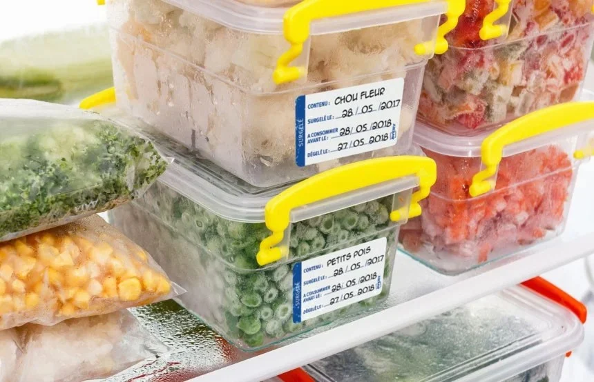 Comidas en caja dentro de un frigorífico con etiquetas resistentes al frío
