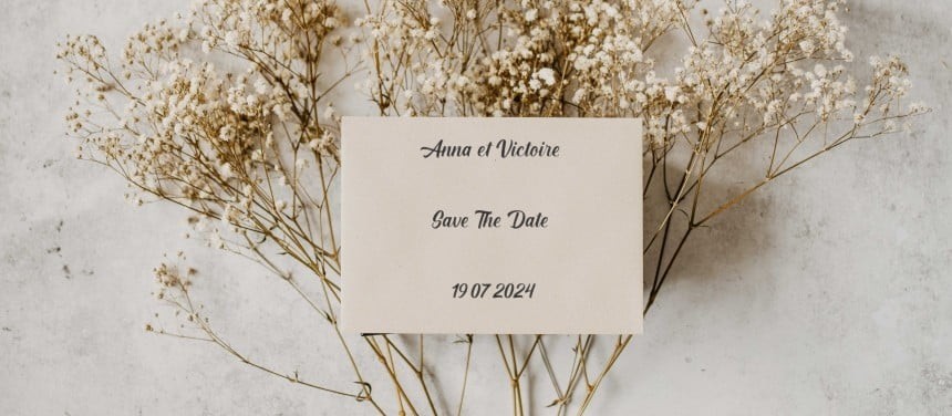 Tarjeta de invitación de boda apoyada en una planta