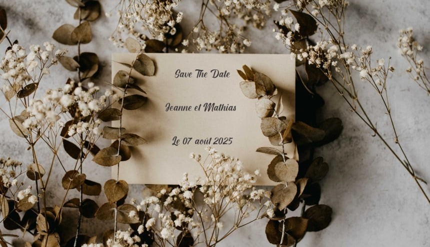 Tarjeta de invitación de boda personalizada blanca decorada con flores