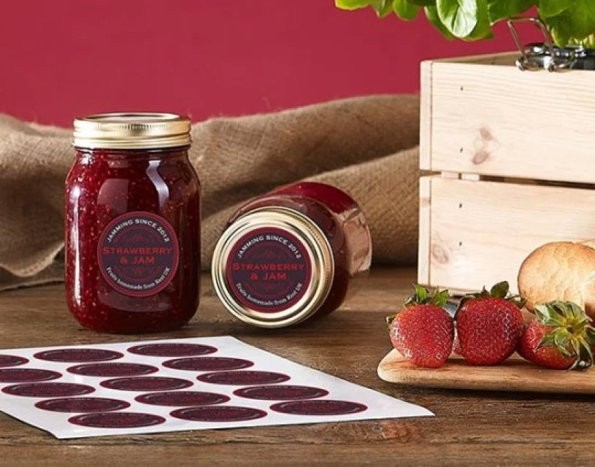 Dos tarros de mermelada sobre una mesa con una hoja de etiquetas personalizadas