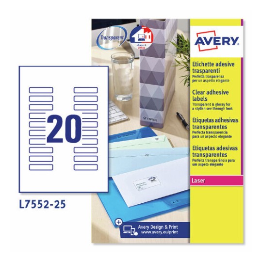 Etiquetas adhesivas trasparentes brillantes L7552-25 Contenido: 500 Etiquetas / 25 Hoja