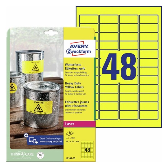 Etiquetas en poliéster amarillo L6103-20 Contenido: 960 Etiquetas / 20 Hoja
