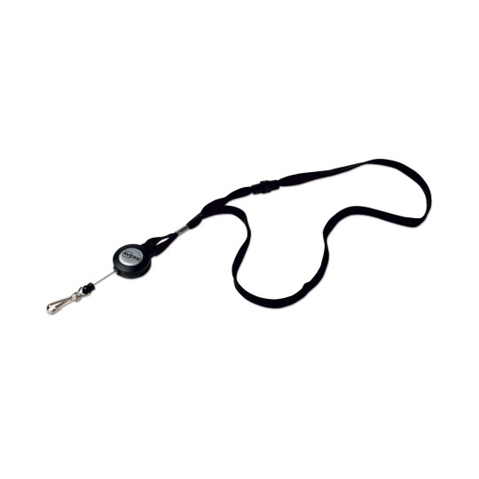 La imagen presenta un cordón retráctil con un clip, usado comúnmente para sujetar identificaciones o llaves, permitiendo un acceso fácil y rápido.