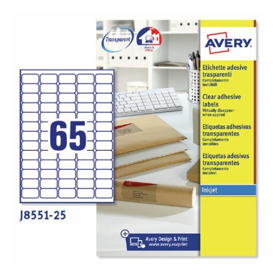 Etiquetas adhesivas trasparentes mate J8551-25 Contenido: 1625 Etiquetas / 25 Hoja