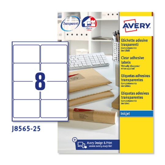 Etiquetas adhesivas trasparentes mate J8565-25 Contenido: 200 Etiquetas / 25 Hoja