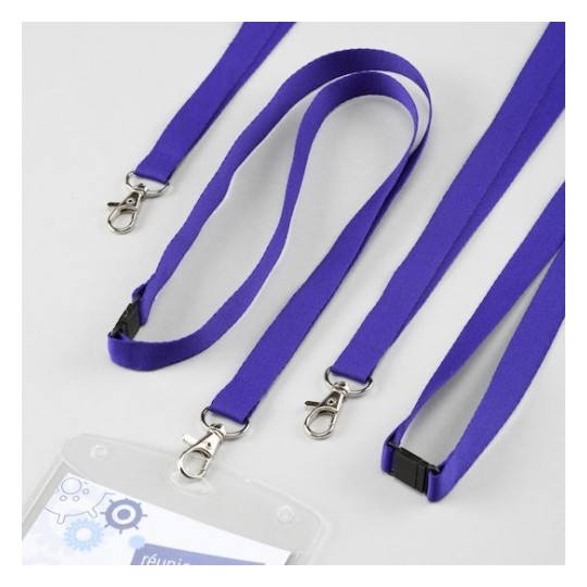 La imagen muestra varios cordones morados con clip, típicamente usados para sujetar identificaciones o etiquetas.
