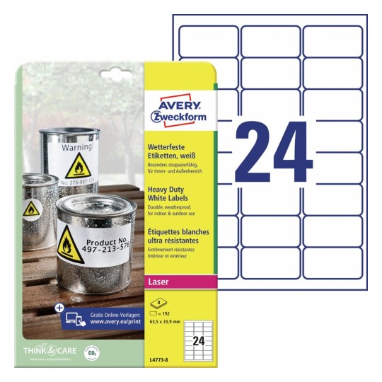 Etiquetas en poliéster blanco permanente L4773-8 Contenido: 192 Etiquetas / 8 Hoja