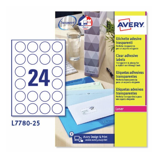 Etiquetas adhesivas trasparentes brillantes L7780-25 Contenido: 600 Etiquetas / 25 Hoja