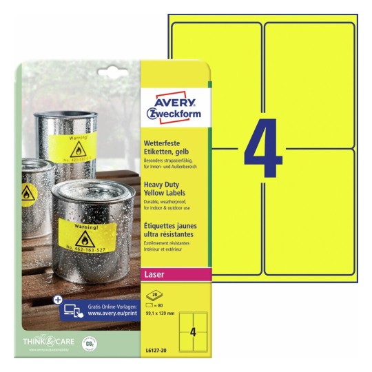 Etiquetas en poliéster amarillo L6127-20 Contenido: 80 Etiquetas / 20 Hoja