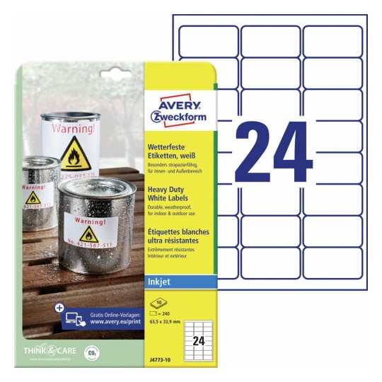 Etiquetas en poliéster blanco permanente J4773-10 Contenido: 240 Etiquetas / 10 Hoja