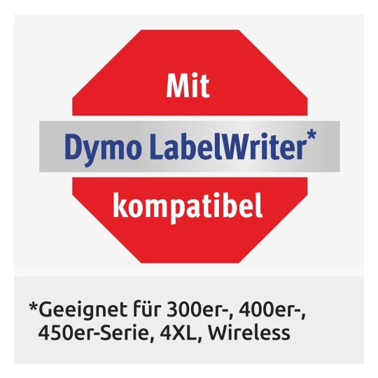 La imagen muestra un aviso de compatibilidad con Dymo LabelWriter, incluyendo modelos específicos.
