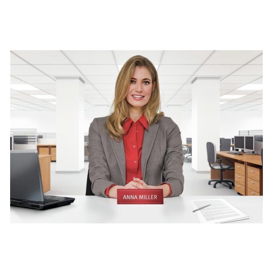 En la imagen se muestra a una mujer vestida con un traje gris, sentada en un escritorio de oficina. Tiene una placa con el nombre 'ANNA MILLER' frente a ella y hay una laptop y algunos documentos en la mesa. El fondo muestra un ambiente de oficina con muebles de oficina.