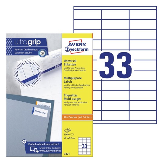 Etiquetas blancas multiuso 3421 Contenido: 3300 Etiquetas / 100 Hojas