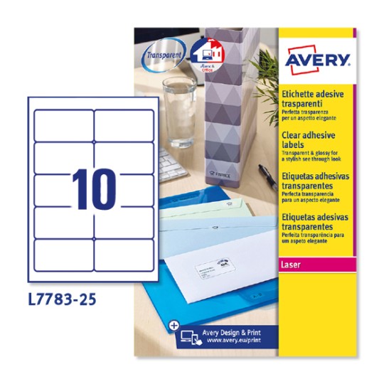 Etiquetas adhesivas trasparentes brillantes L7783-25 Contenido: 250 Etiquetas / 25 Hoja
