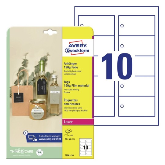 Etiquetas colgantes resistentes T3001-10 Contenido: 100 Tarjetas / 10 Hojas