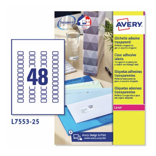 Etiquetas adhesivas trasparentes brillantes L7553-25 Contenido: 1200 Etiquetas / 25 Hoja