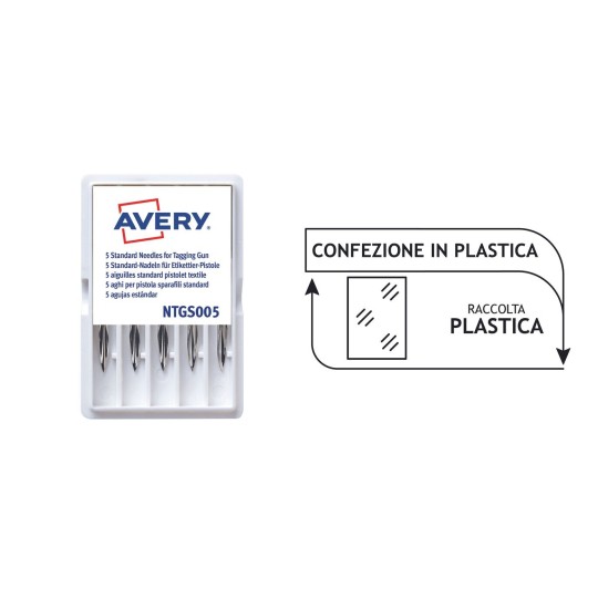 La imagen muestra un paquete de agujas estándar para pistola etiquetadora de la marca Avery, con texto en varios idiomas que indica su uso y contenido. También incluye información sobre reciclaje de plástico.