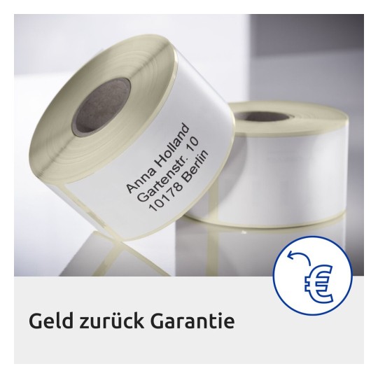 La imagen muestra rollos de etiquetas con una dirección y la frase 'Geld zurück Garantie' que significa 'Garantía de devolución de dinero' en alemán.
