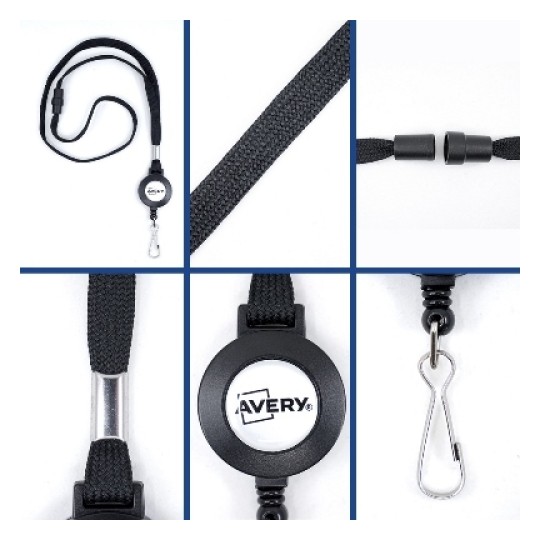 La imagen muestra un conjunto de diferentes ángulos de un lanyard negro con un sujetador y un clip, con el logo de Avery.