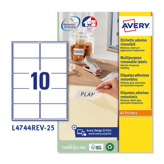 Etiquetas adhesivas removibles L4744REV-25 Contenido: 250 Etiquetas / 25 Hoja
