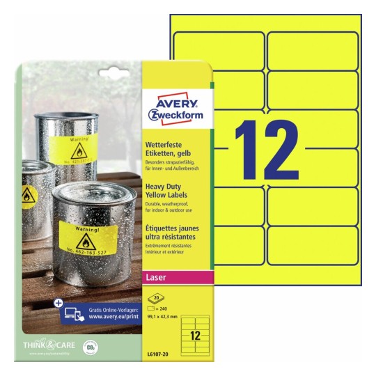 Etiquetas en poliéster amarillo L6107-20 Contenido: 240 Etiquetas / 20 Hoja
