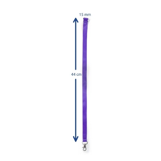 La imagen muestra una cinta morada con un clip al final, midiendo 44 cm de largo y 15 mm de ancho.