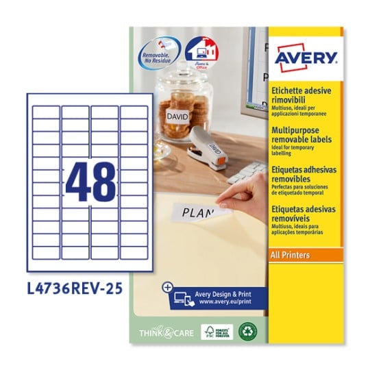 Etiquetas adhesivas removibles L4736REV-25 Contenido: 1200 Etiquetas / 25 Hoja