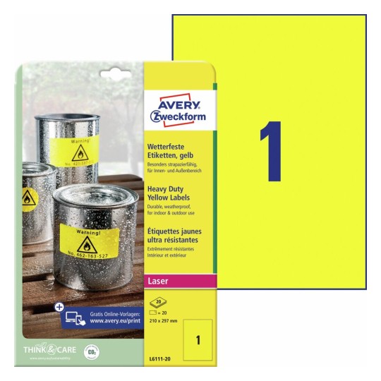 Etiquetas en poliéster amarillo L6111-20 Contenido: 20 Etiquetas / 20 Hoja