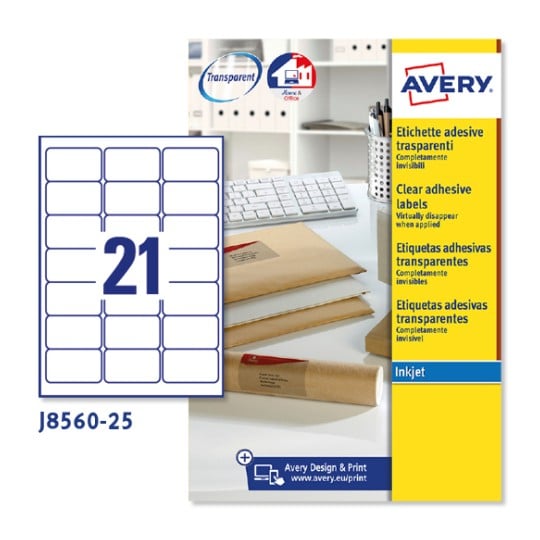 Etiquetas adhesivas trasparentes mate J8560-25 Contenido: 525 Etiquetas / 25 Hoja