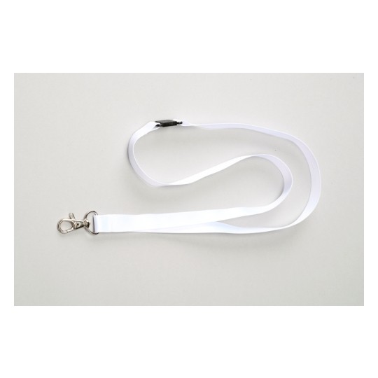 La imagen muestra un cordón blanco con un clip en un extremo, usado comúnmente para sujetar objetos como identificaciones o llaves.