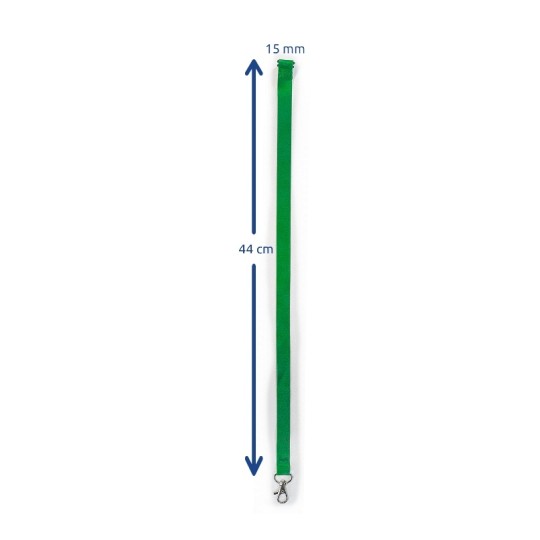 La imagen muestra una correa verde de 44 cm de longitud y 15 mm de ancho con un gancho en un extremo.