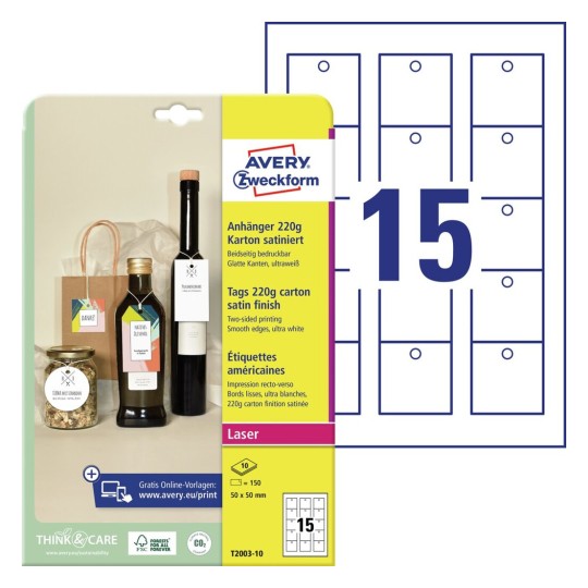 Etiquetas colgantes imprimibles de cartón T2003-10 Contenido: 150 Tarjetas / 10 Hojas