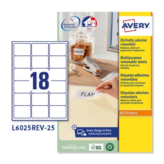 Etiquetas adhesivas removibles L6025REV-25 Contenido: 450 Etiquetas / 25 Hoja