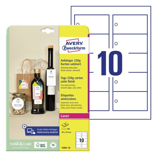 Etiquetas colgantes imprimibles de cartón T2001-10 Contenido: 100 Tarjetas / 10 Hojas