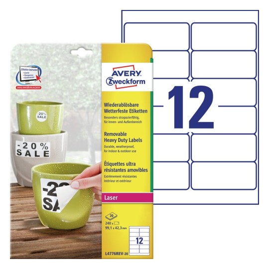 Etiquetas en poliéster blanco removibles L4776REV-20 Contenido: 240 Etiquetas / 20 Hoja