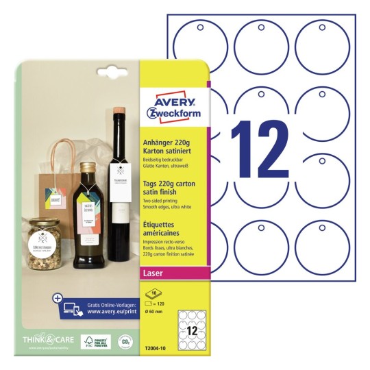 Etiquetas colgantes imprimibles de cartón T2004-10 Contenido: 120 Tarjetas / 10 Hojas