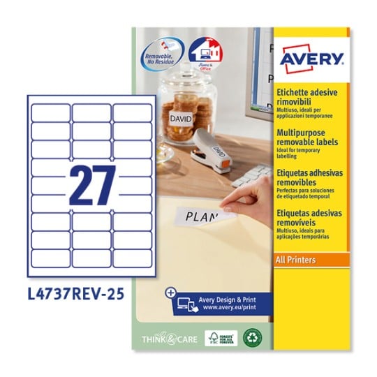 Etiquetas adhesivas removibles L4737REV-25 Contenido: 675 Etiquetas / 25 Hoja