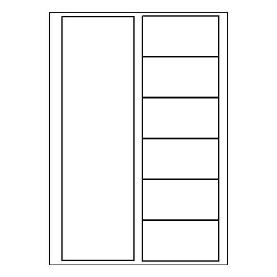 hoja blanca con 6 etiquetas adhesivas rectangulares y una columna blanca