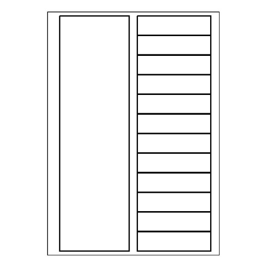 hoja blanca con 12 etiquetas adhesivas rectangulares y una columna blanca