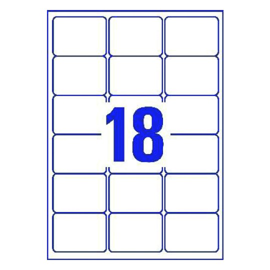 Hoja blanca con 18 etiquetas adhesivas rectangulares de 64x47mm