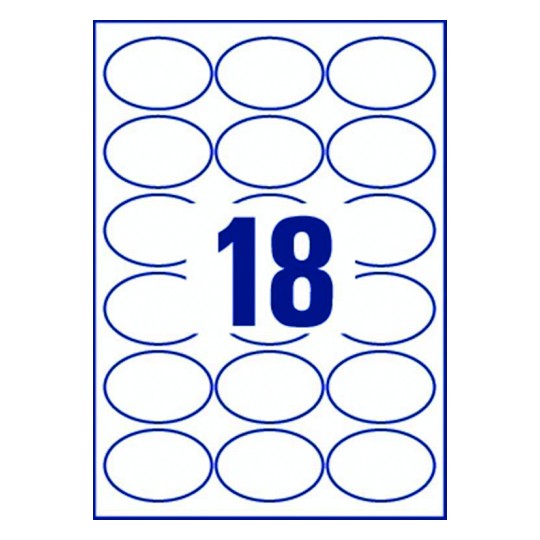 Hoja blanca con 18 etiquetas adhesivas ovaladas