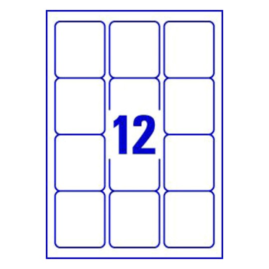 Hoja blanca con 12 etiquetas adhesivas rectangulares 63x72mm