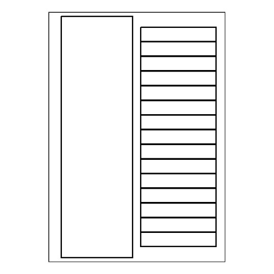 Hoja blanca con 15 etiquetas adhesivas rectangulares y una columna blanca